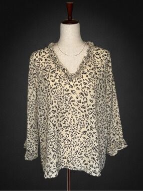 Sioni Cream Leopard Ruffle V-Neck Blouse